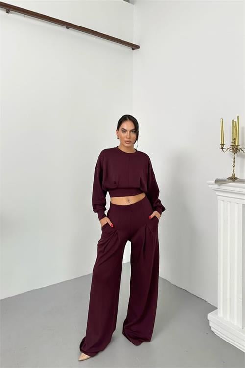 Dipmoda kadın dikiş detaylı crop sweat bol paça eşofman altı modal kumaş ikili takım DPNP017