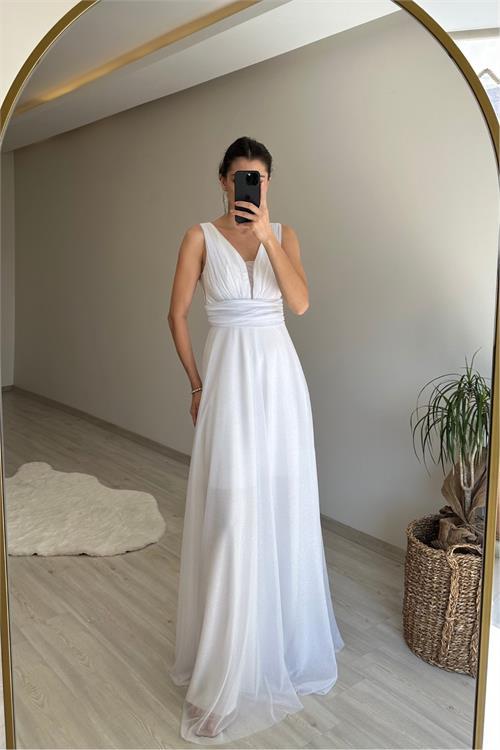 Dipmoda kadın drapeli ışıltılı kalın askılı abiye elbise NM003
