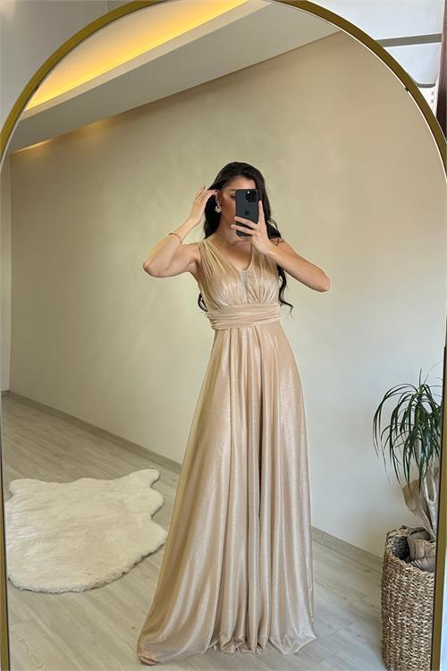 Dipmoda kadın drapeli ışıltılı kalın askılı abiye elbise NM003