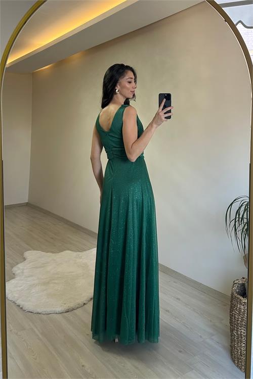 Dipmoda kadın drapeli ışıltılı kalın askılı abiye elbise NM003