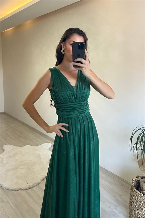 Dipmoda kadın drapeli ışıltılı kalın askılı abiye elbise NM003