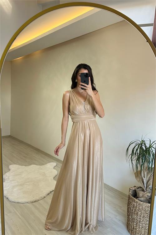 Dipmoda kadın drapeli ışıltılı kalın askılı abiye elbise NM003