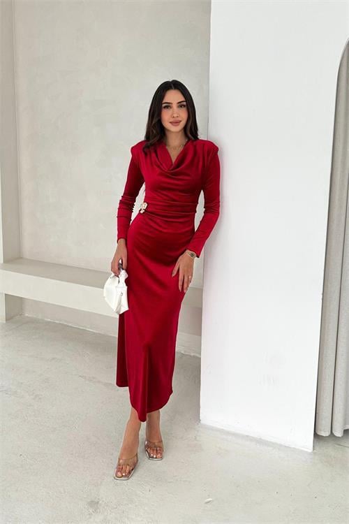 Dipmoda kadın drapeli taş detaylı kadife elbise DPK4371