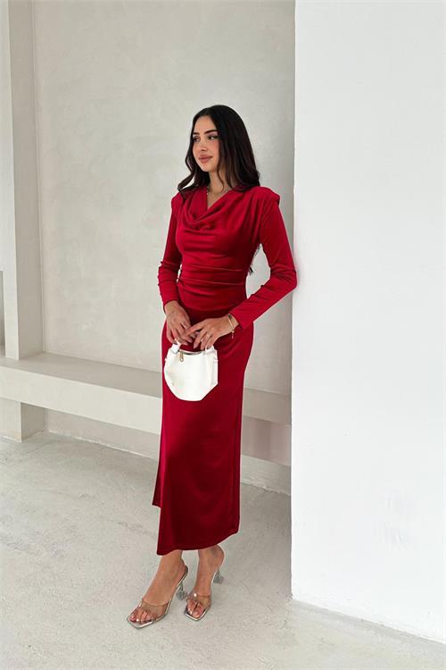 Dipmoda kadın drapeli taş detaylı kadife elbise DPK4371