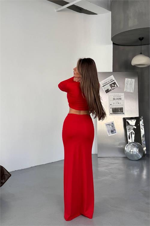 Dipmoda kadın drapeli tokalı kemer detaylı etek crop ikili takım DPDF171