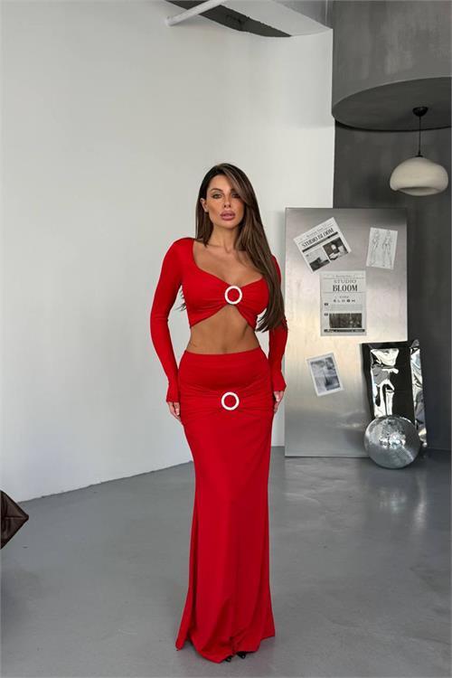 Dipmoda kadın drapeli tokalı kemer detaylı etek crop ikili takım DPDF171