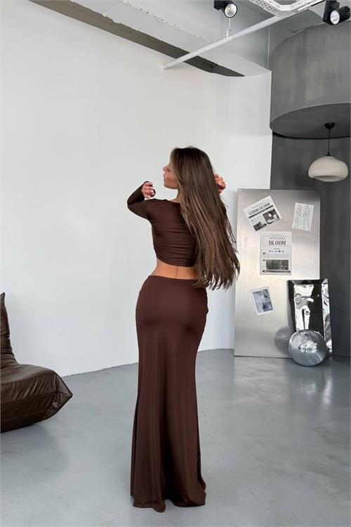 Dipmoda kadın drapeli tokalı kemer detaylı etek crop ikili takım DPDF171