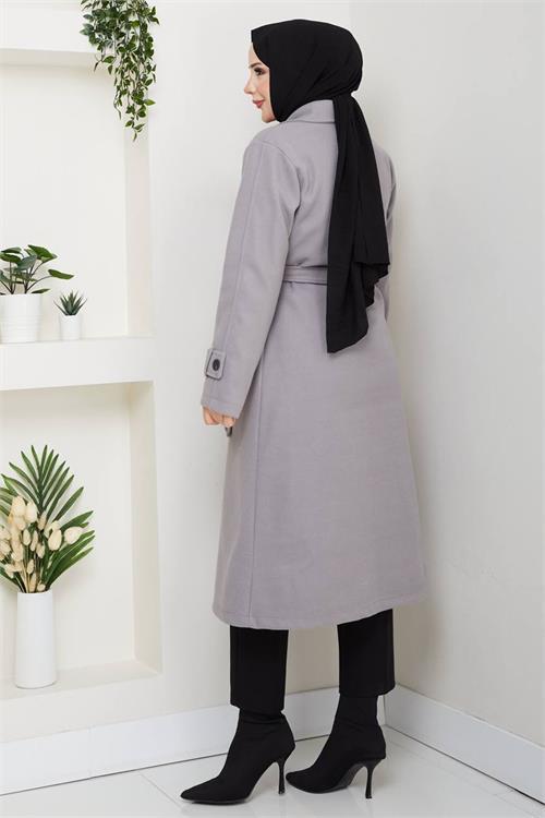 Dipmoda kadın düğme detaylı astarlı midi boy kuşaklı kaşe kaban DPFT004