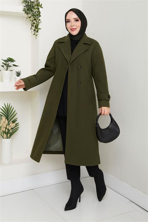 Dipmoda kadın düğme detaylı astarlı midi boy kuşaklı kaşe kaban DPFT004