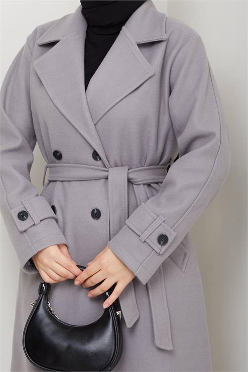 Dipmoda kadın düğme detaylı astarlı midi boy kuşaklı kaşe kaban DPFT004