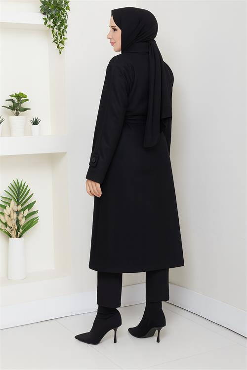Dipmoda kadın düğme detaylı astarlı midi boy kuşaklı kaşe kaban DPFT004