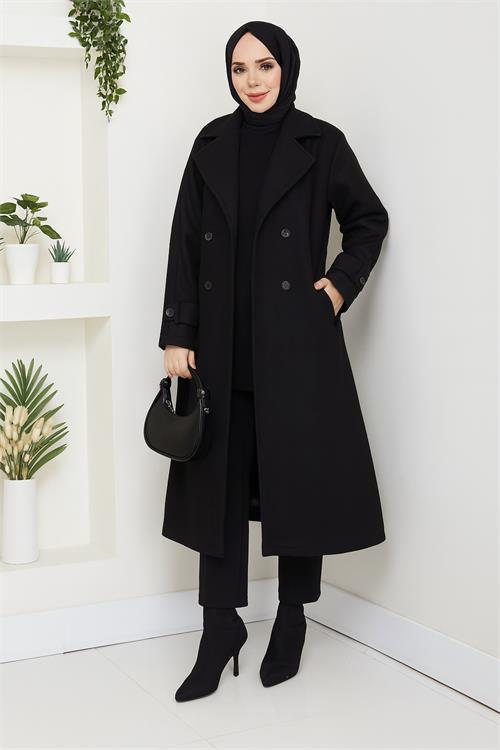 Dipmoda kadın düğme detaylı astarlı midi boy kuşaklı kaşe kaban DPFT004