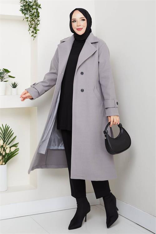 Dipmoda kadın düğme detaylı astarlı midi boy kuşaklı kaşe kaban DPFT004