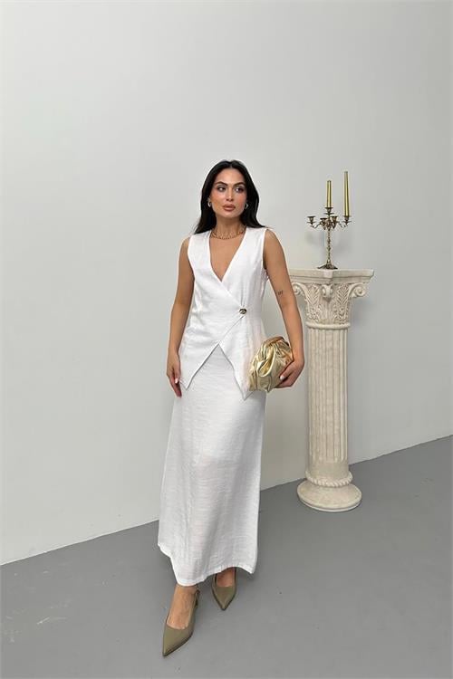 Dipmoda kadın düğme detaylı astarlı yelekli takım DPNP014