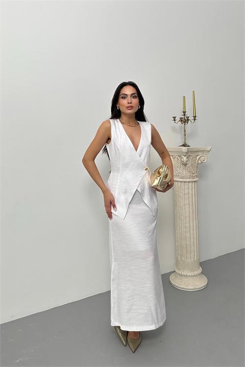 Dipmoda kadın düğme detaylı astarlı yelekli takım DPNP014