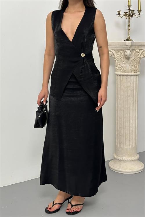 Dipmoda kadın düğme detaylı astarlı yelekli takım DPNP014