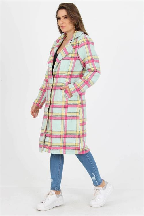 Dipmoda Kadın Düğme Detaylı Cepli Ekose Kaşe Kaban DPNB9018