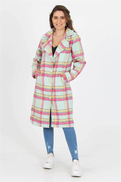 Dipmoda Kadın Düğme Detaylı Cepli Ekose Kaşe Kaban DPNB9018