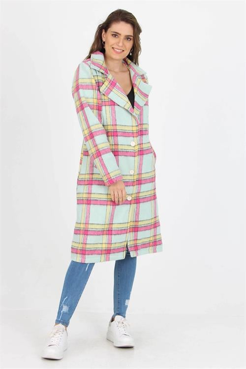 Dipmoda Kadın Düğme Detaylı Cepli Ekose Kaşe Kaban DPNB9018