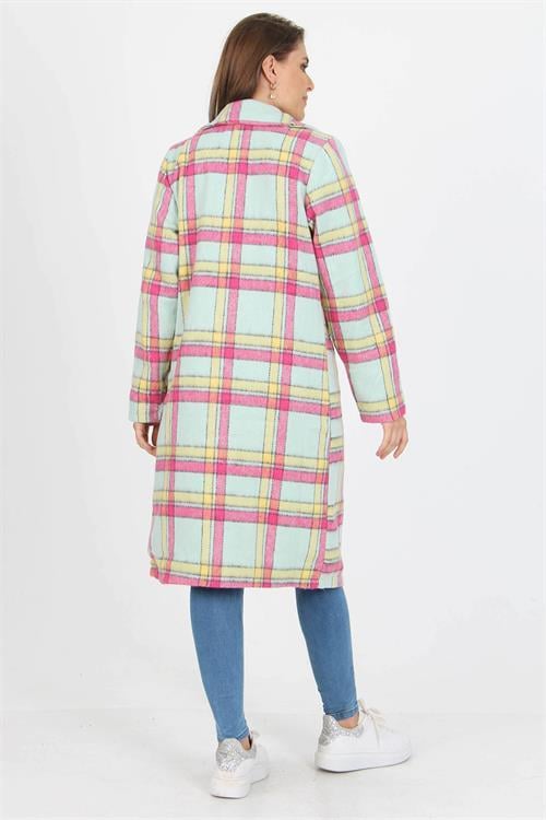 Dipmoda Kadın Düğme Detaylı Cepli Ekose Kaşe Kaban DPNB9018