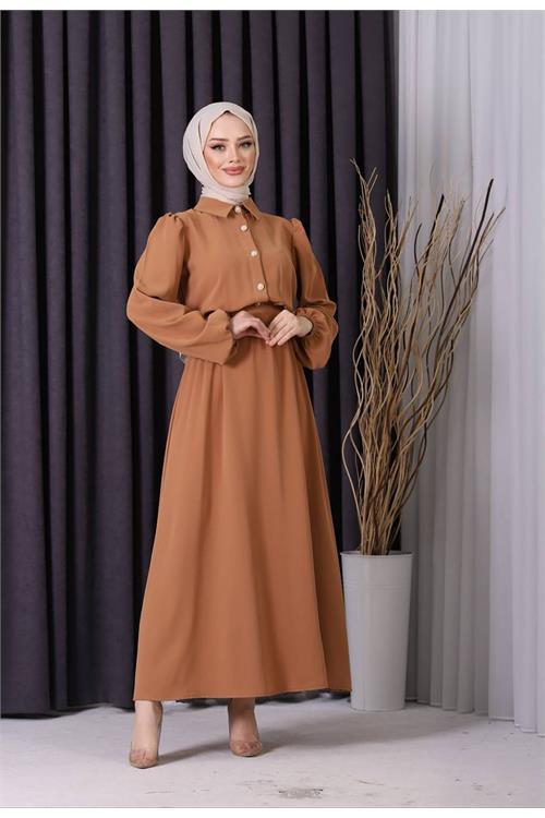 Dipmoda kadın düğme detaylı ithal kumaş tesettür elbise SMS003 