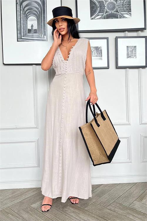 Dipmoda kadın düğme detaylı kolsuz tasarım elbise DPEMP2774