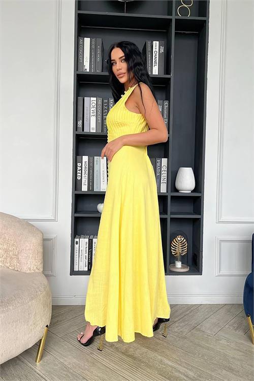 Dipmoda kadın düğme detaylı kolsuz tasarım elbise DPEMP2774