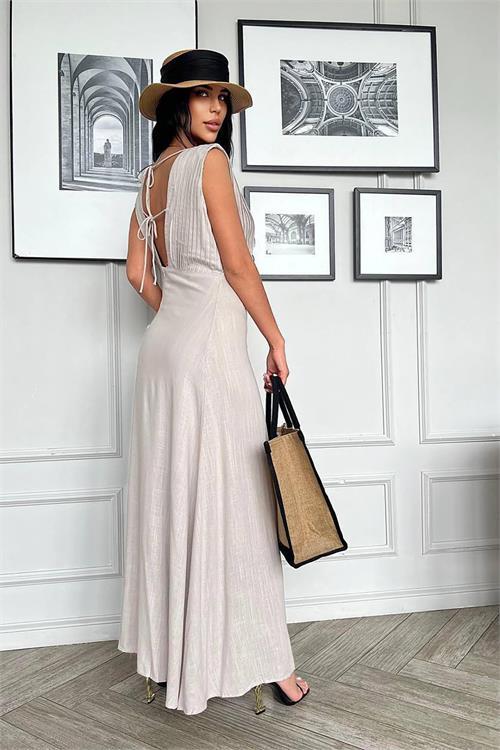 Dipmoda kadın düğme detaylı kolsuz tasarım elbise DPEMP2774