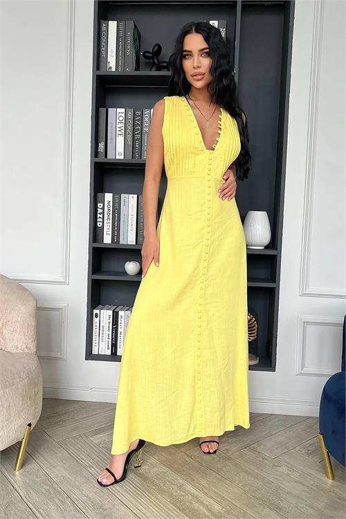 Dipmoda kadın düğme detaylı kolsuz tasarım elbise DPEMP2774