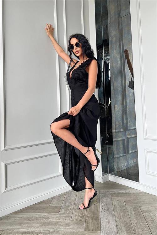 Dipmoda kadın düğme detaylı kolsuz tasarım elbise DPEMP2774