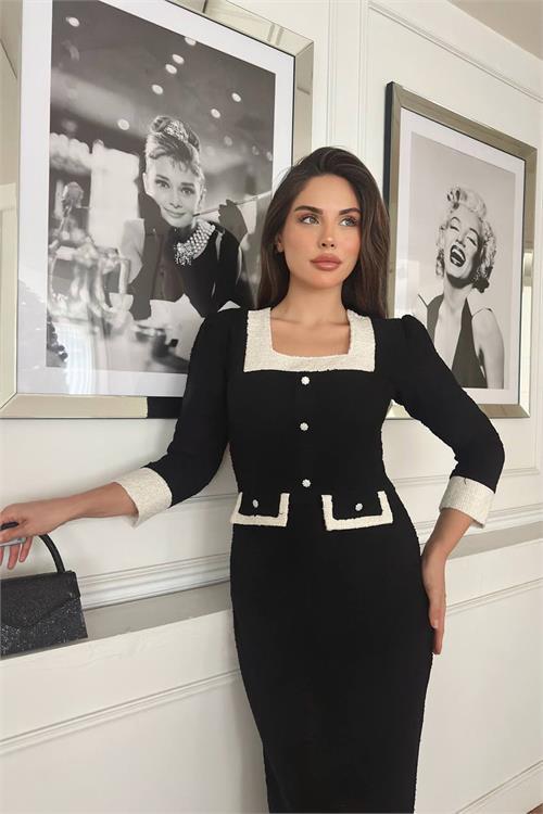 Dipmoda kadın düğme detaylı tüvit kumaş tasarım elbise DPNC3042