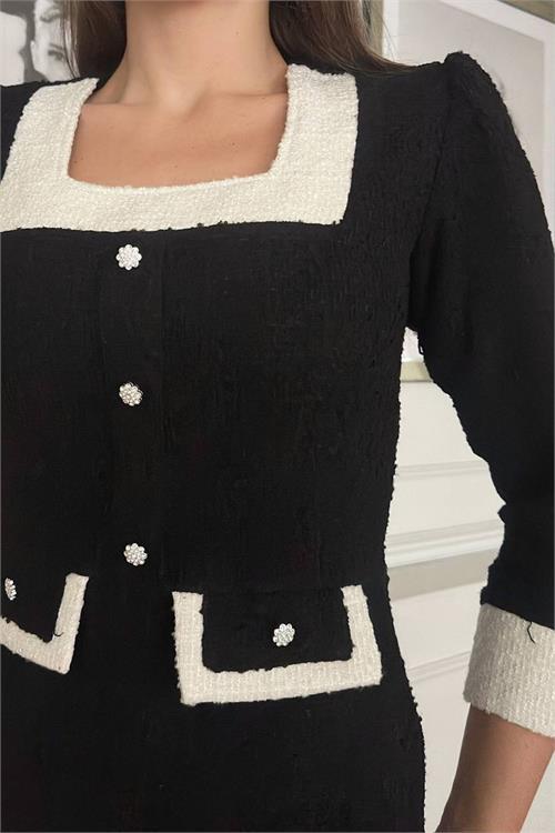 Dipmoda kadın düğme detaylı tüvit kumaş tasarım elbise DPNC3042