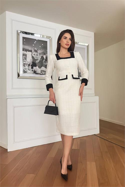 Dipmoda kadın düğme detaylı tüvit kumaş tasarım elbise DPNC3042