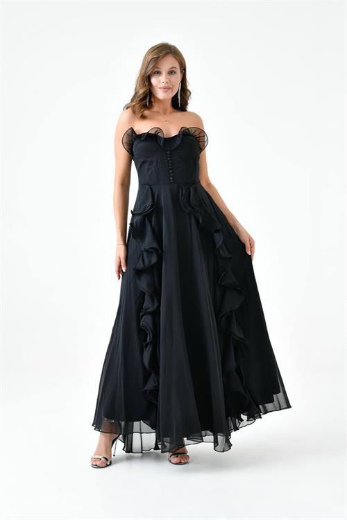 Dipmoda kadın düğme ve yırtmaç detaylı janjan şifon abiye elbise NBS016 