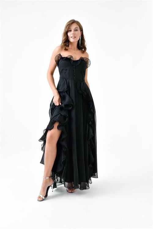 Dipmoda kadın düğme ve yırtmaç detaylı janjan şifon abiye elbise NBS016 