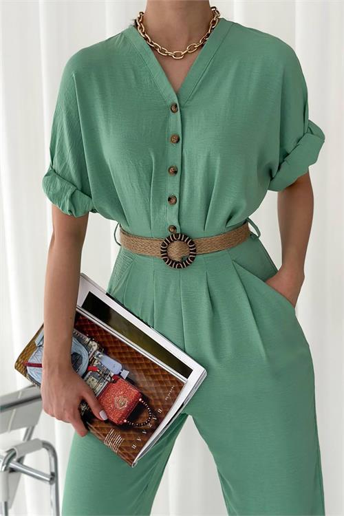 Dipmoda kadın düğmeli hasır kemerli ayrobin tulum DPNBTG2000