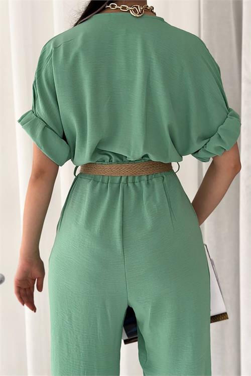 Dipmoda kadın düğmeli hasır kemerli ayrobin tulum DPNBTG2000