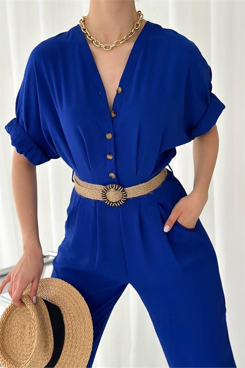 Dipmoda kadın düğmeli hasır kemerli ayrobin tulum DPTG2000