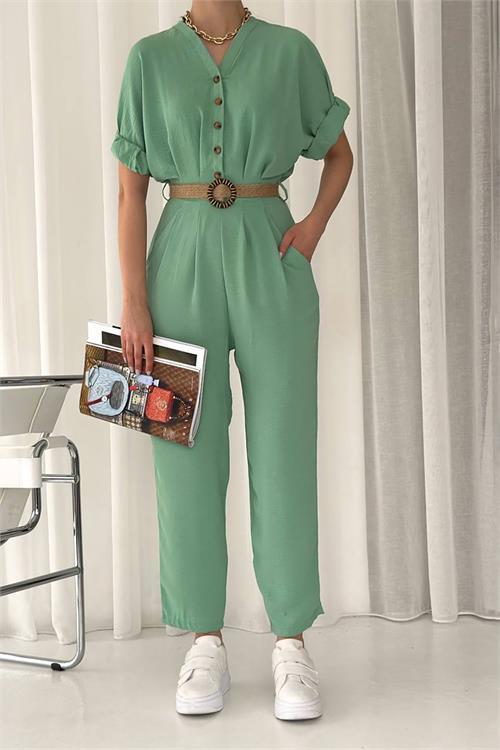 Dipmoda kadın düğmeli hasır kemerli ayrobin tulum DPNBTG2000