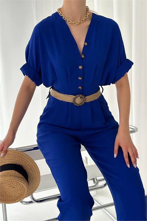 Dipmoda kadın düğmeli hasır kemerli ayrobin tulum DPTG2000