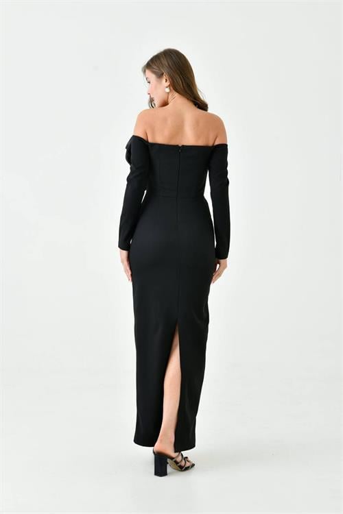 Dipmoda kadın düşük omuz gül detaylı uzun abiye elbise NBS9364 