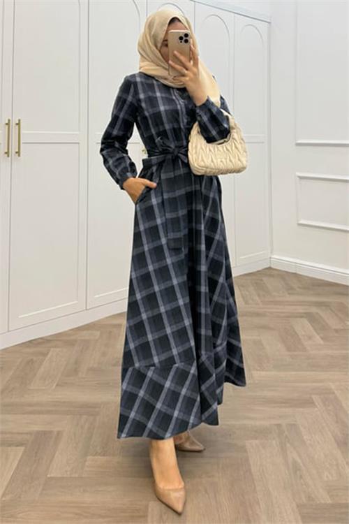 Dipmoda kadın ekose desenli düğme detaylı tesettür elbise NMS076