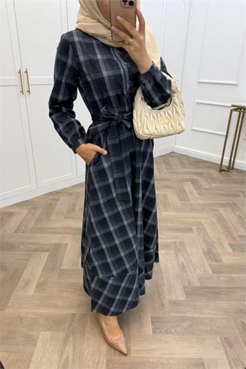 Dipmoda kadın ekose desenli düğme detaylı tesettür elbise NMS076