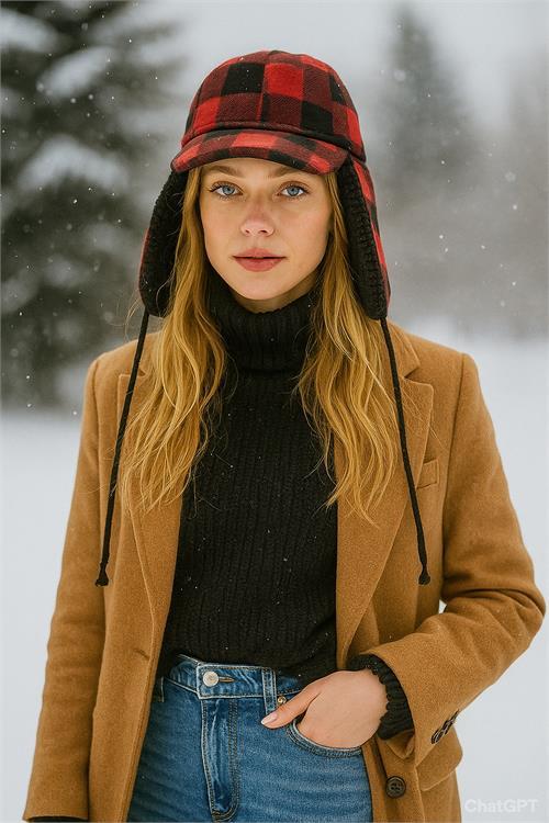 Dipmoda kadın ekoseli kulaklıklı kışlık kar şapkası DPAKS020