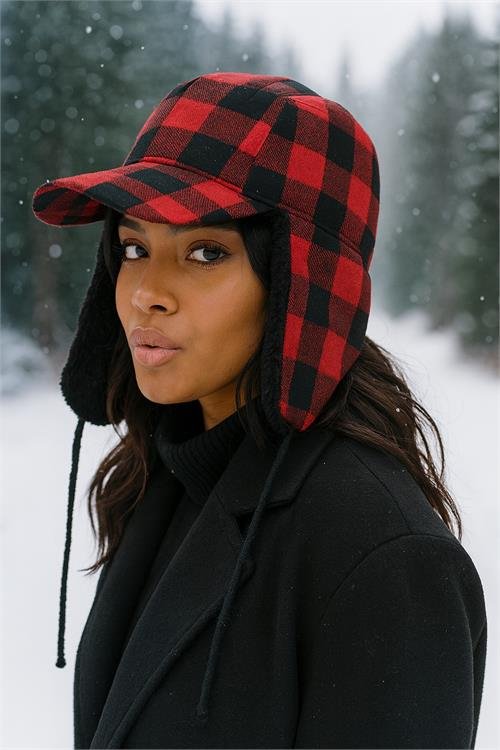 Dipmoda kadın ekoseli kulaklıklı kışlık kar şapkası DPAKS020