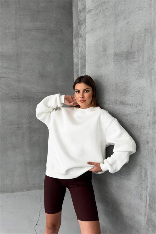 Dipmoda kadın ekru bisiklet yaka pamuklu sweat NBG031 