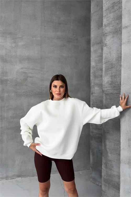 Dipmoda kadın ekru bisiklet yaka pamuklu sweat NBG031 