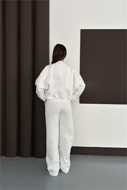 Dipmoda kadın ekru cepli içi polarlı 3 iplik eşofman takımı RYHS001