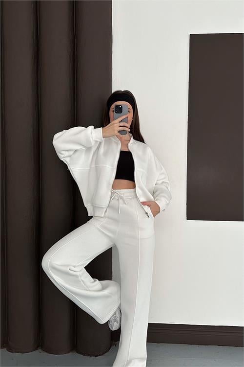 Dipmoda kadın ekru cepli içi polarlı 3 iplik eşofman takımı RYHS001