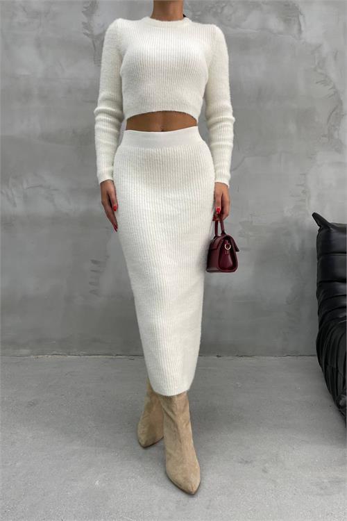 Dipmoda kadın ekru crop etekli alt üst ikili takım NBDM1219 